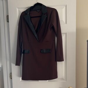 Brown Blazer Dress with Black leather Accents